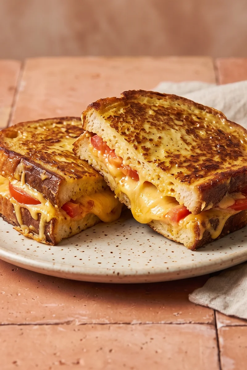 Ham-Free Croque: Cheddar & Tomato French Toast - Savory French toast layered with cheddar and tomato, cooked until molten