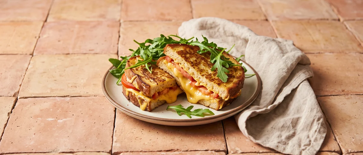 Ham-Free Croque: Cheddar & Tomato French Toast - Savory French toast layered with cheddar and tomato, cooked until molten