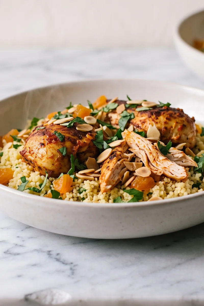 Harissa Chicken & Couscous Salad - Harissa-rubbed chicken over lemony couscous with apricots, almonds and herbs
