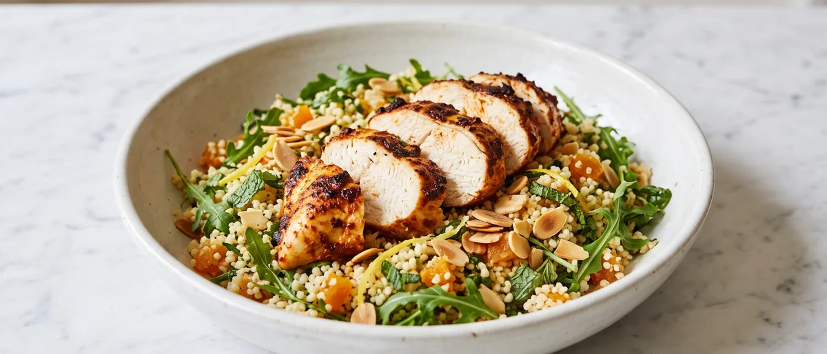 Harissa Chicken & Couscous Salad - Harissa-rubbed chicken over lemony couscous with apricots, almonds and herbs