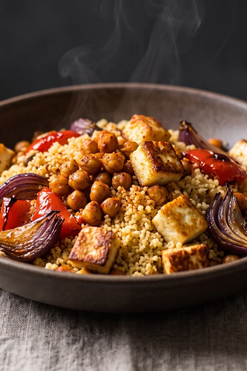 Harissa Chickpea & Halloumi Sheet-pan Couscous - Harissa-roasted chickpeas, peppers and halloumi tumbled over lemon couscous