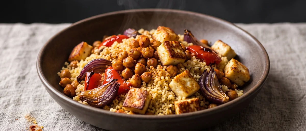 Harissa Chickpea & Halloumi Sheet-pan Couscous - Harissa-roasted chickpeas, peppers and halloumi tumbled over lemon couscous