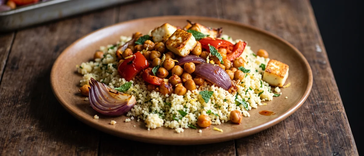 Harissa Chickpea & Halloumi Sheet-pan Couscous - Harissa-roasted chickpeas, peppers and halloumi tumbled over lemon couscous