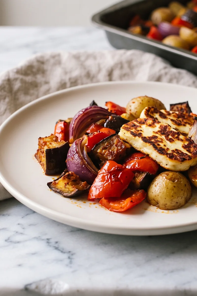 Harissa Roasted Vegetable & Halloumi Sheet-pan Bake - Harissa-slicked vegetables roasted until sweet, with golden halloumi added for the final act