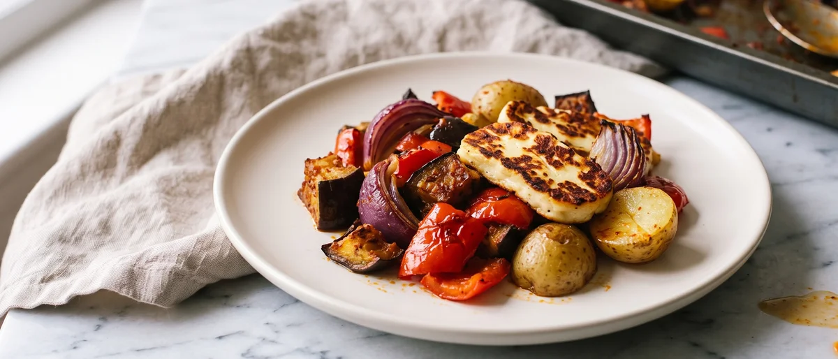 Harissa Roasted Vegetable & Halloumi Sheet-pan Bake - Harissa-slicked vegetables roasted until sweet, with golden halloumi added for the final act