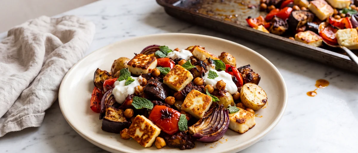 Harissa Roasted Vegetable & Halloumi Sheet-pan Bake - Harissa-slicked vegetables roasted until sweet, with golden halloumi added for the final act