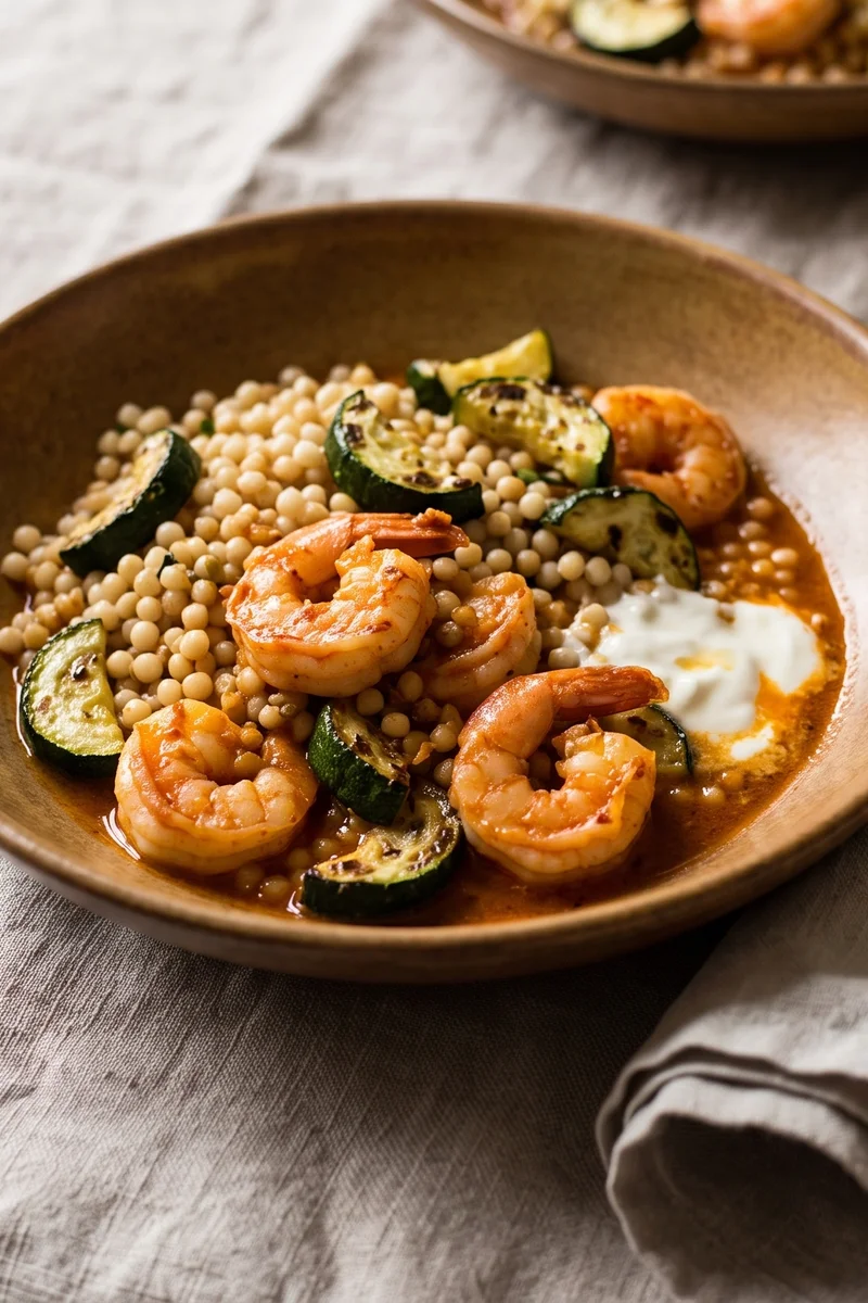 Harissa Shrimp with Giant Couscous & Zucchini - Harissa-butter shrimp over pearl couscous with charred zucchini and lemon yogurt