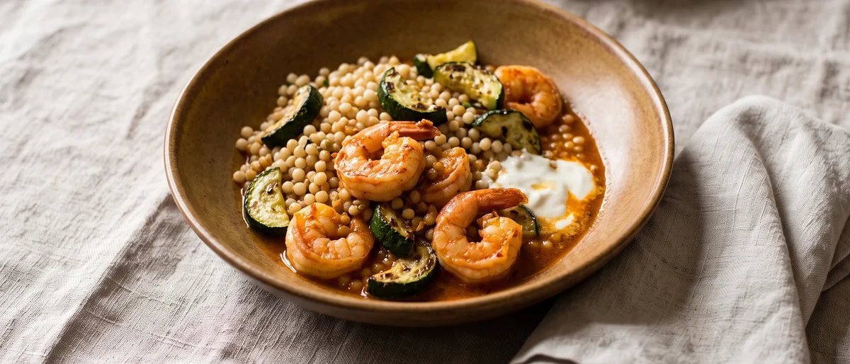 Harissa Shrimp with Giant Couscous & Zucchini - Harissa-butter shrimp over pearl couscous with charred zucchini and lemon yogurt