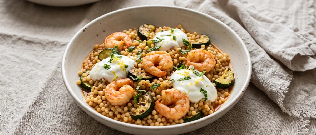 Harissa Shrimp with Giant Couscous & Zucchini - Harissa-butter shrimp over pearl couscous with charred zucchini and lemon yogurt
