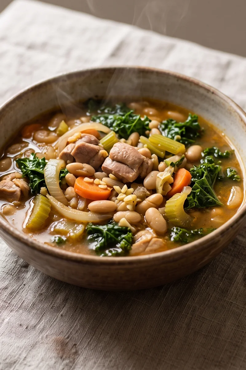 Hearty Chicken, Kale & White Bean Stew - A slow-feeling one-pot chicken stew with kale and white beans