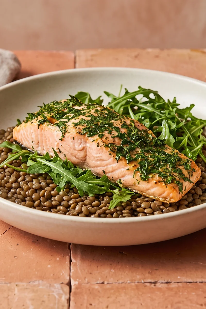 Herb-Crusted Salmon with Lentil & Arugula Salad - DHA and vitamin D from the salmon, folate and iron from a modest lentil base