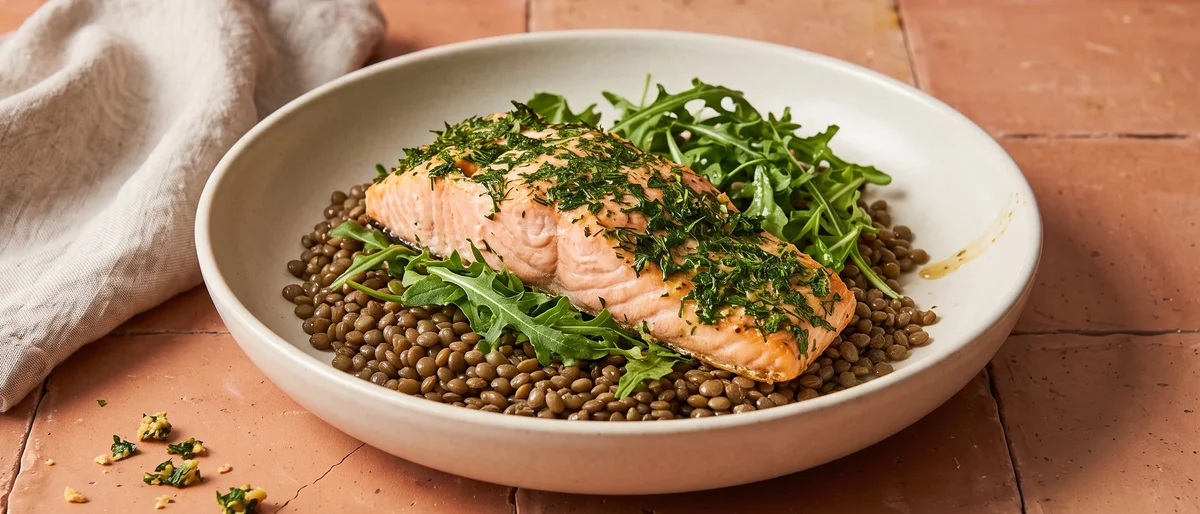 Herb-Crusted Salmon with Lentil & Arugula Salad - DHA and vitamin D from the salmon, folate and iron from a modest lentil base