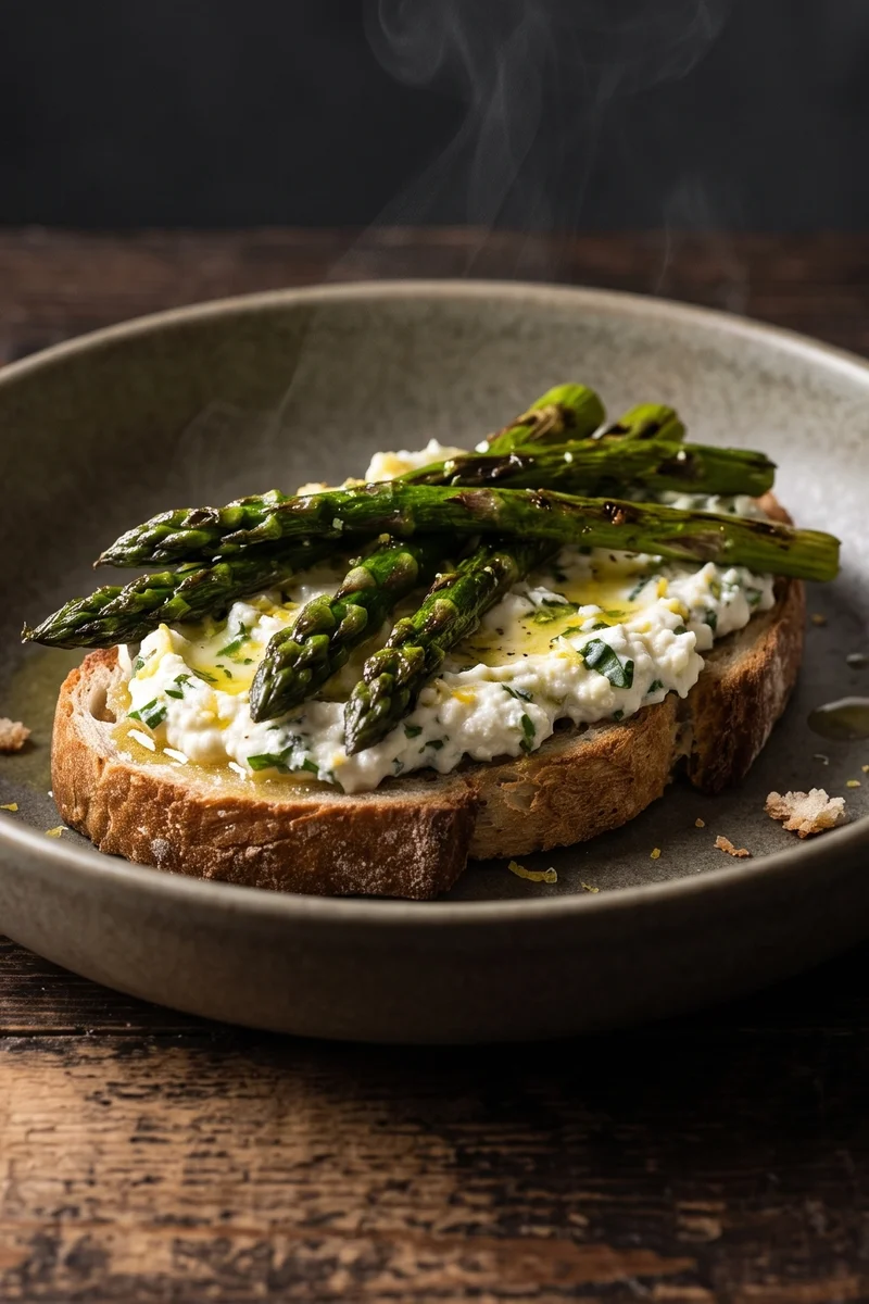 Herbed Ricotta & Asparagus on Sourdough - Charred asparagus over lemony herbed ricotta on thick sourdough toast