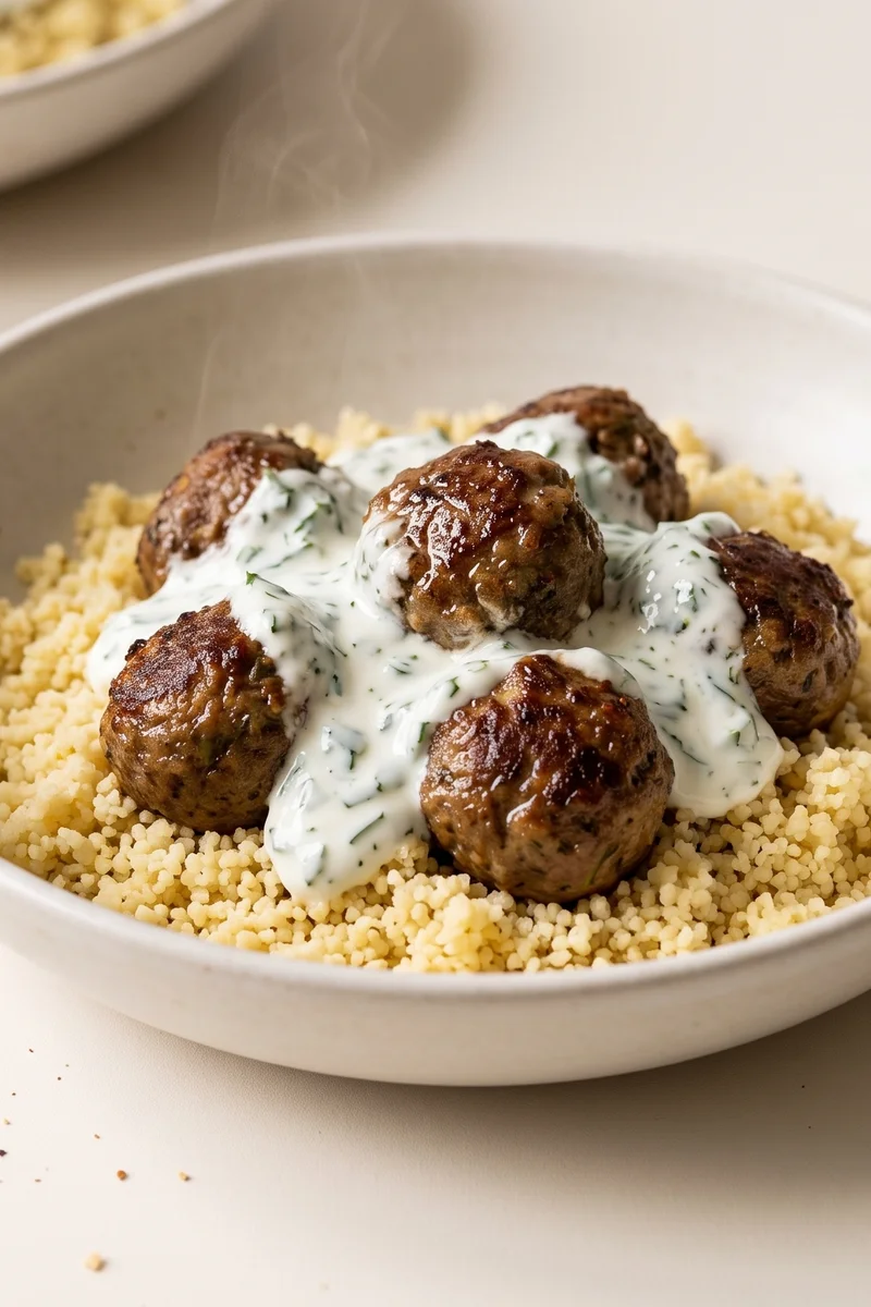Herby Lamb Meatballs with Minted Yogurt & Couscous - Spiced lamb meatballs over lemon couscous with cool minted yogurt