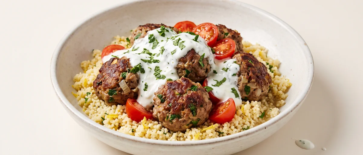 Herby Lamb Meatballs with Minted Yogurt & Couscous - Spiced lamb meatballs over lemon couscous with cool minted yogurt