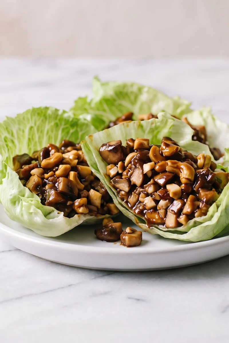 Hoisin Mushroom & Cashew Lettuce Wraps - Meaty chopped mushrooms and cashews in a sticky hoisin glaze, spooned into cool lettuce cups