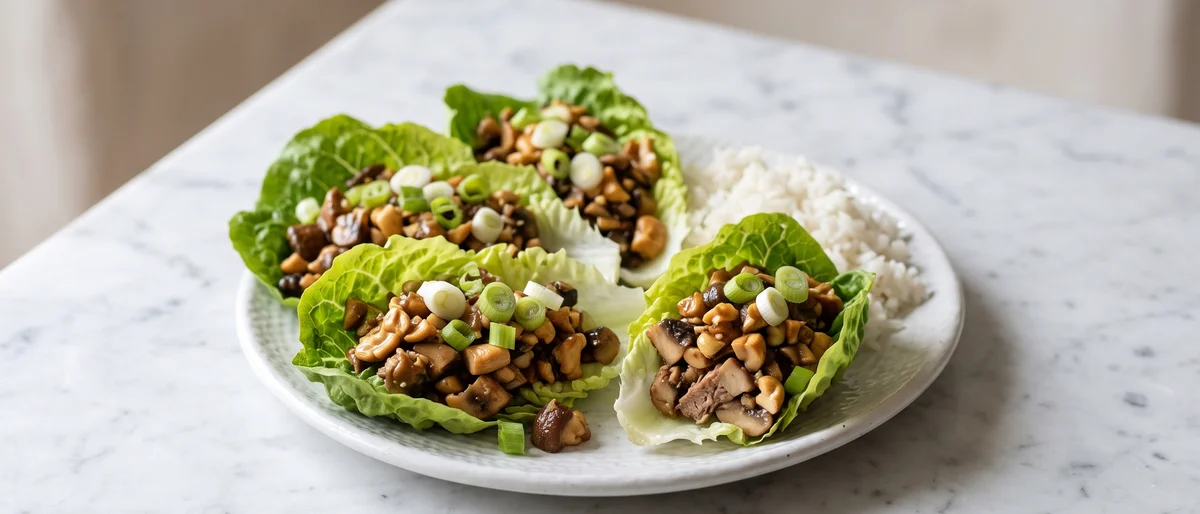 Hoisin Mushroom & Cashew Lettuce Wraps - Meaty chopped mushrooms and cashews in a sticky hoisin glaze, spooned into cool lettuce cups