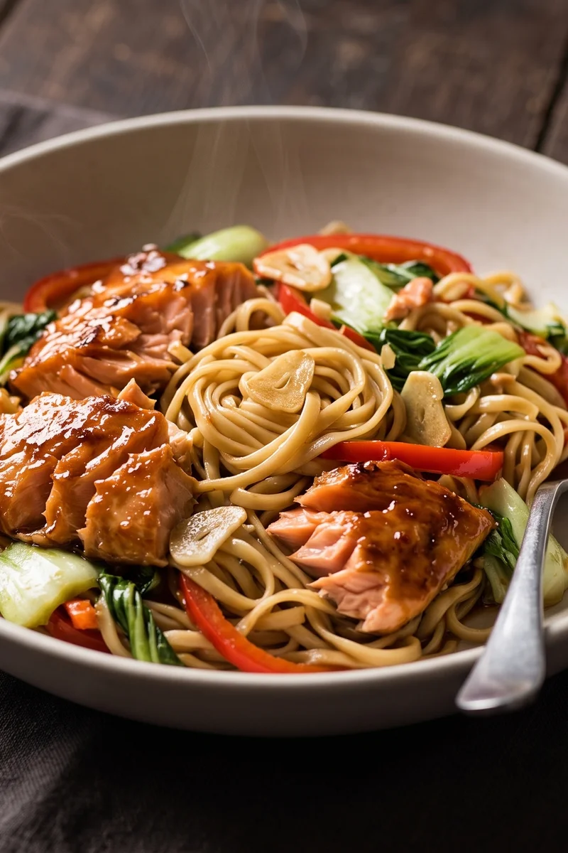 Honey-Garlic Salmon Noodle Stir-Fry - Flaked honey-garlic salmon tossed with noodles, peppers and bok choy