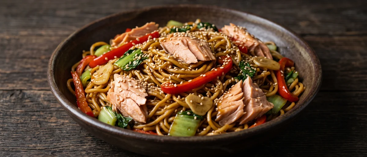 Honey-Garlic Salmon Noodle Stir-Fry - Flaked honey-garlic salmon tossed with noodles, peppers and bok choy