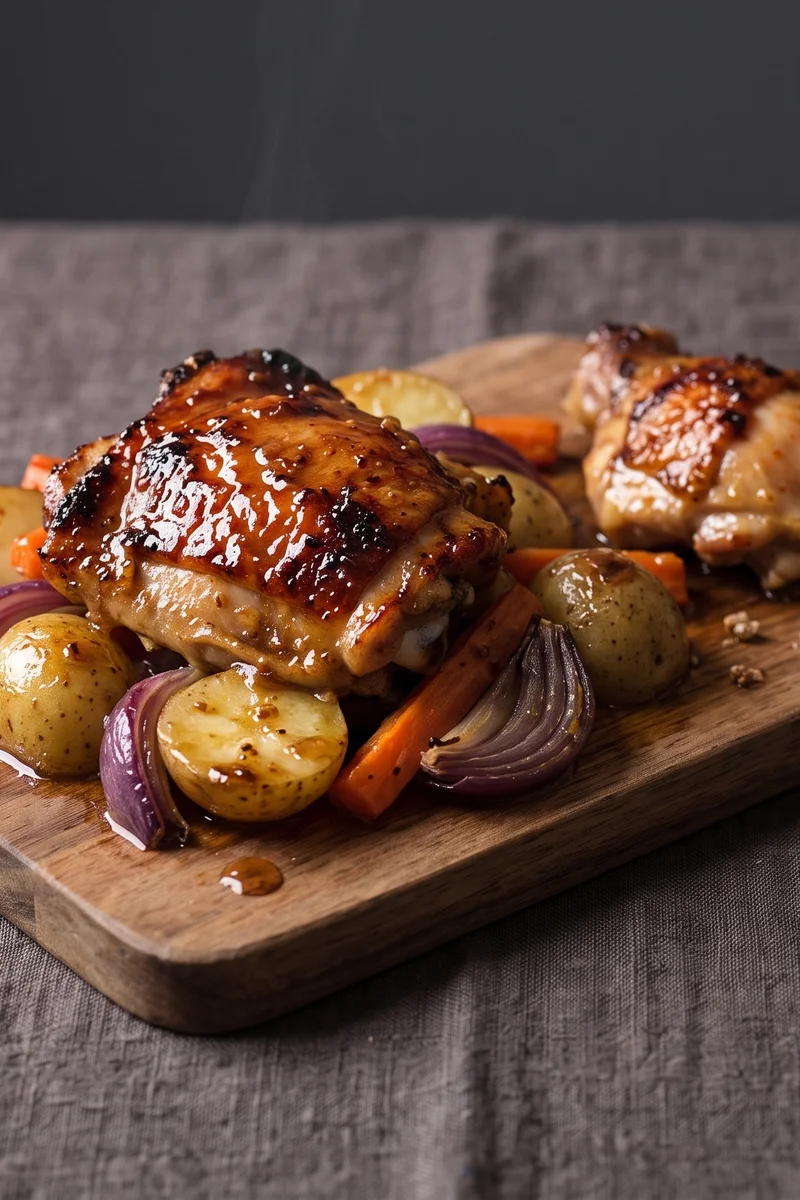 Honey-Mustard Chicken Sheet-pan Bake with New Potatoes - Chicken thighs glazed in honey-mustard roasted over new potatoes, carrots and red onion