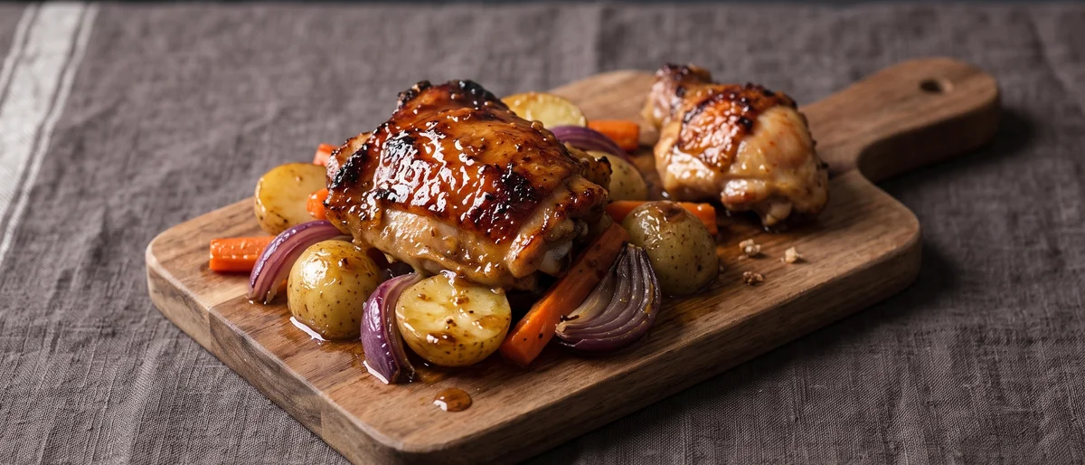 Honey-Mustard Chicken Sheet-pan Bake with New Potatoes - Chicken thighs glazed in honey-mustard roasted over new potatoes, carrots and red onion