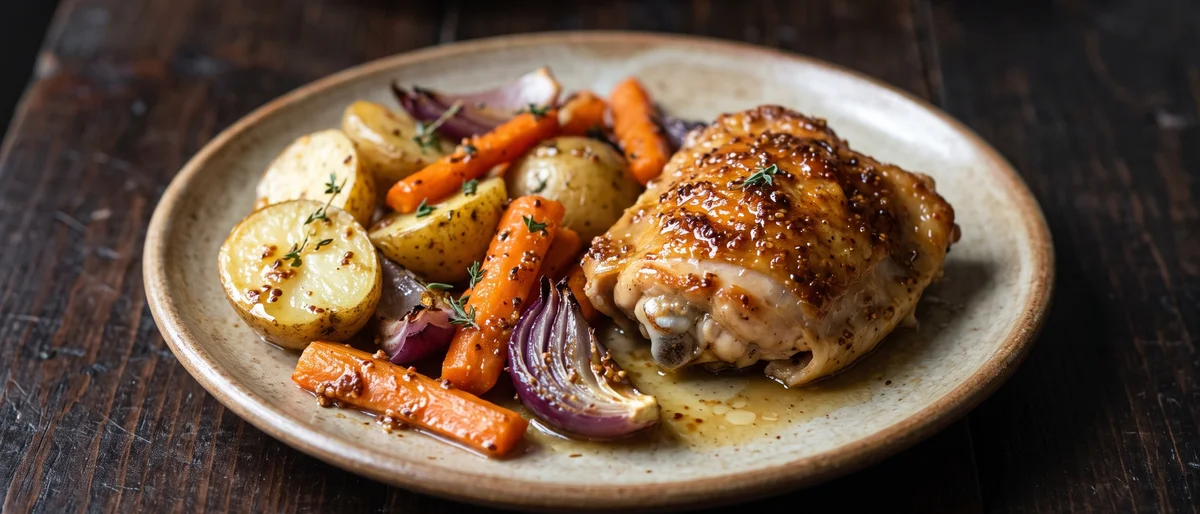 Honey-Mustard Chicken Sheet-pan Bake with New Potatoes - Chicken thighs glazed in honey-mustard roasted over new potatoes, carrots and red onion