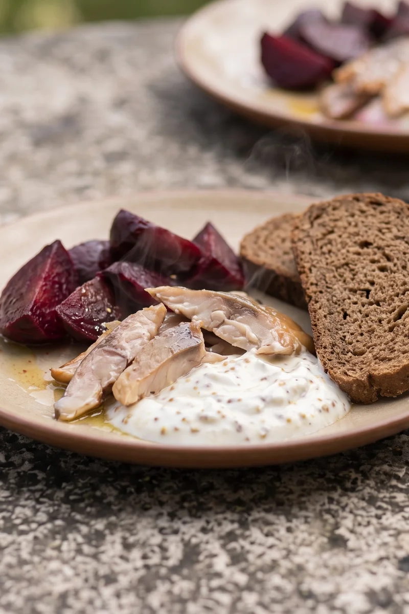 Hot-Smoked Mackerel & Beet Rye Plate - Hot-smoked mackerel with beets, horseradish-mustard yogurt and rye