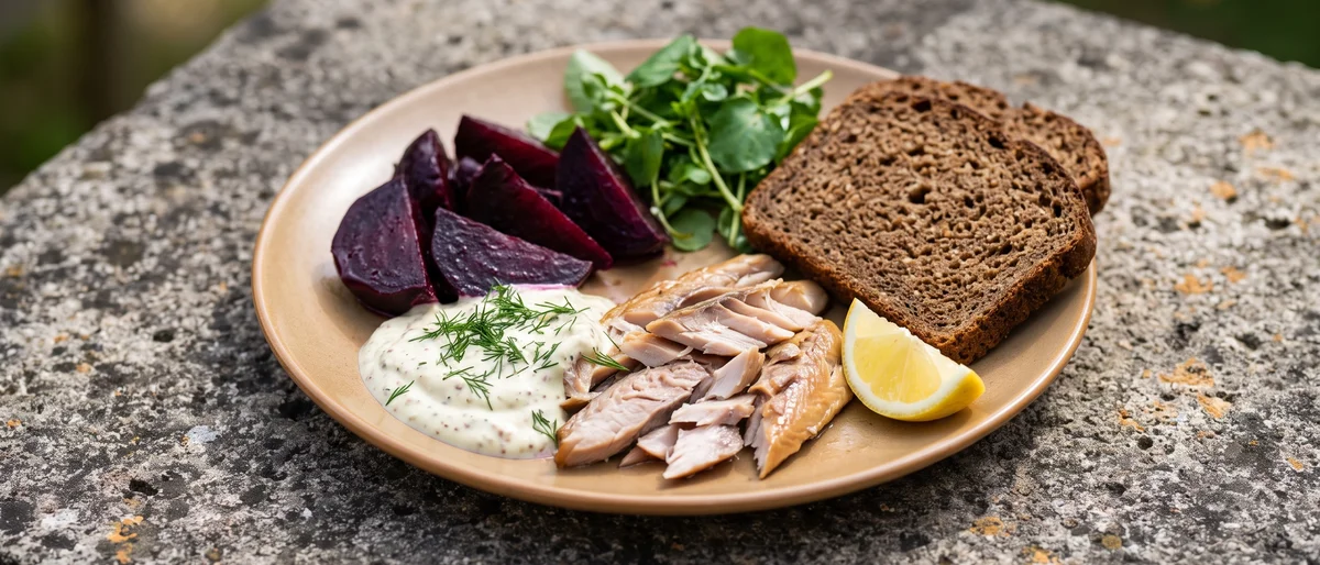 Hot-Smoked Mackerel & Beet Rye Plate - Hot-smoked mackerel with beets, horseradish-mustard yogurt and rye