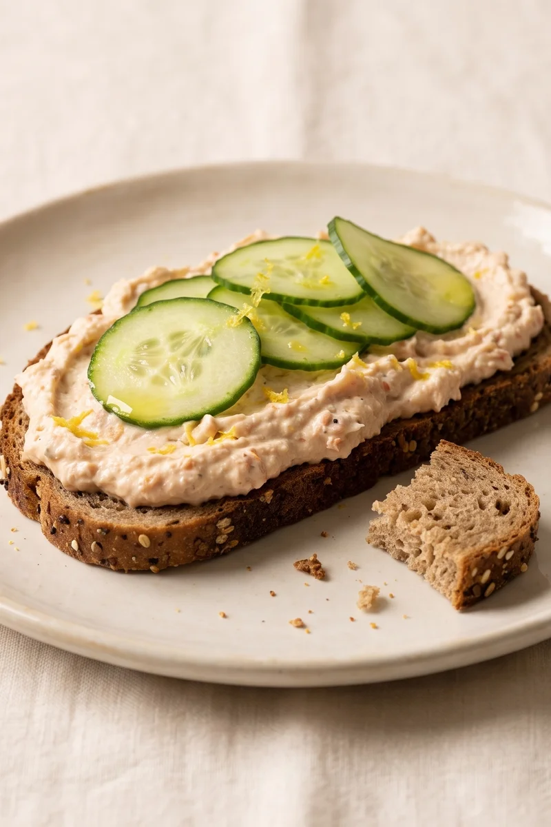 Whipped Smoked Trout Spread on Rye - Whipped hot-smoked trout with lemon and Dijon on dark rye with cucumber