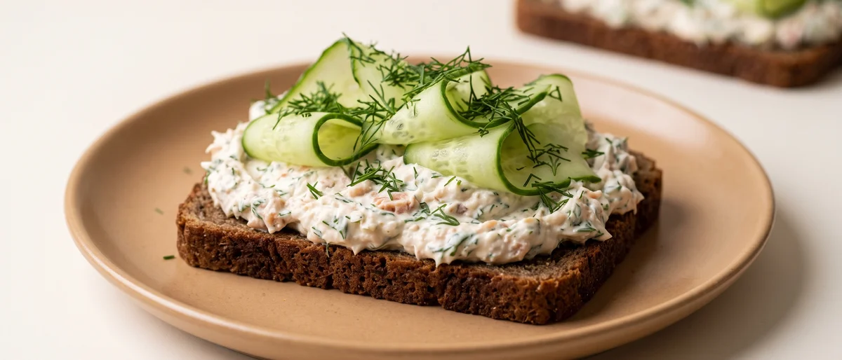 Whipped Smoked Trout Spread on Rye - Whipped hot-smoked trout with lemon and Dijon on dark rye with cucumber