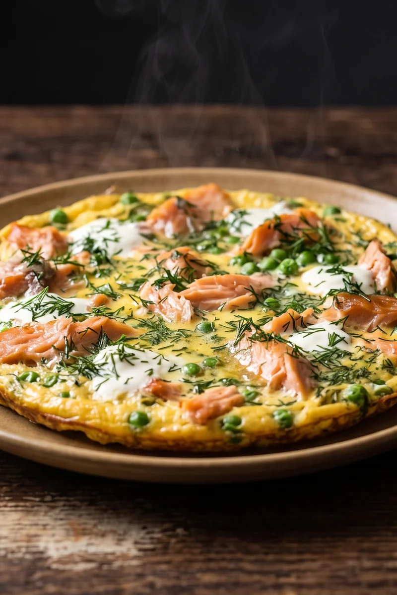 Hot-Smoked Salmon & Dill Frittata - An open-faced oven frittata with flakes of hot-smoked salmon, dill and peas