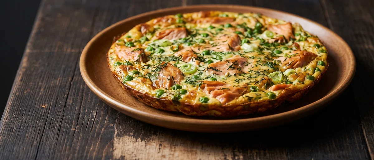 Hot-Smoked Salmon & Dill Frittata - An open-faced oven frittata with flakes of hot-smoked salmon, dill and peas