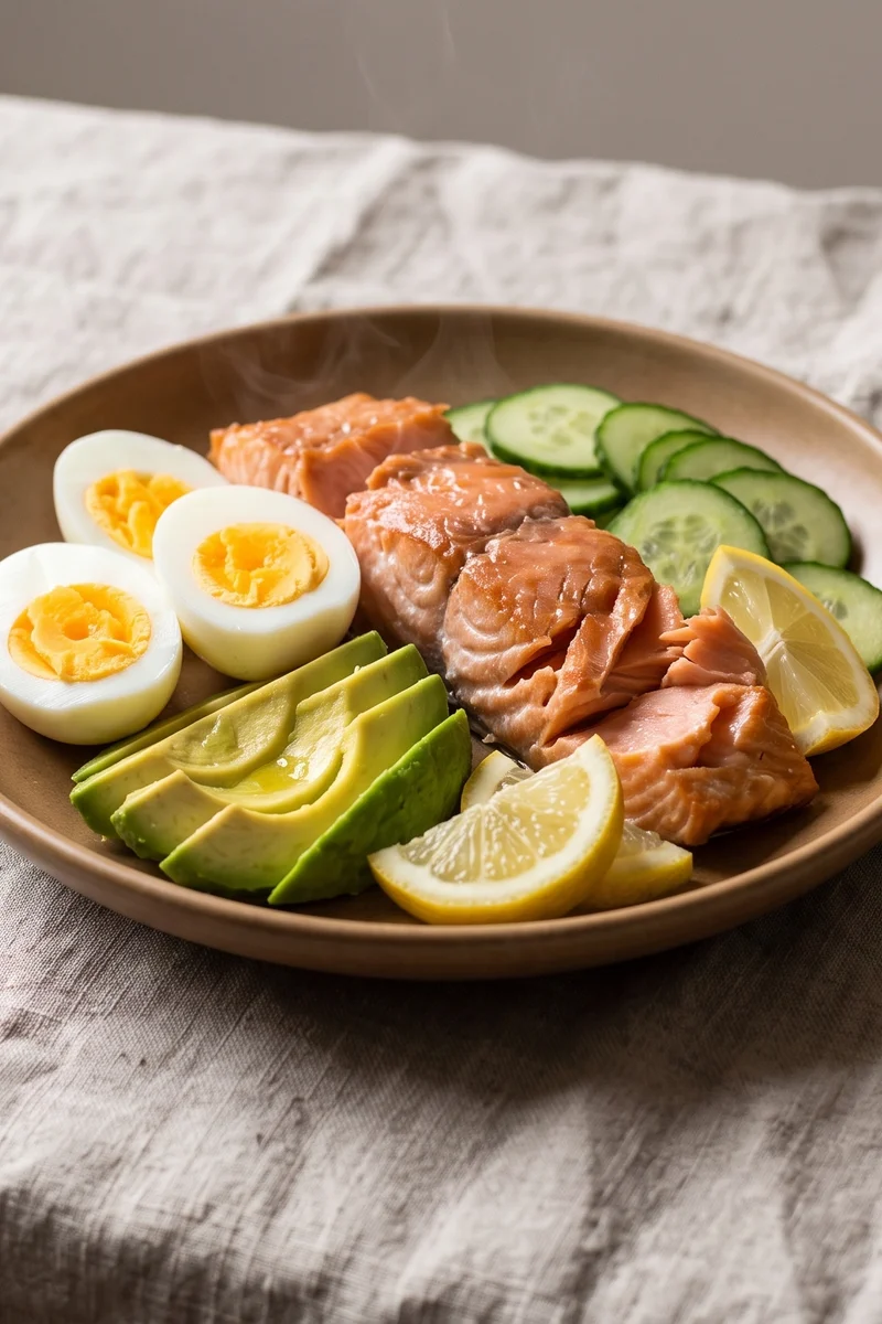 Hot-Smoked Salmon, Avocado & Egg Plate - Flaked hot-smoked salmon with fully-boiled eggs, avocado and lemon