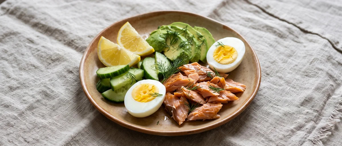 Hot-Smoked Salmon, Avocado & Egg Plate - Flaked hot-smoked salmon with fully-boiled eggs, avocado and lemon