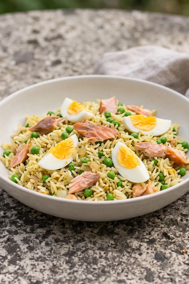 Hot-Smoked Trout Kedgeree-Style Rice - A gently curried rice with flaked hot-smoked trout, peas and boiled eggs