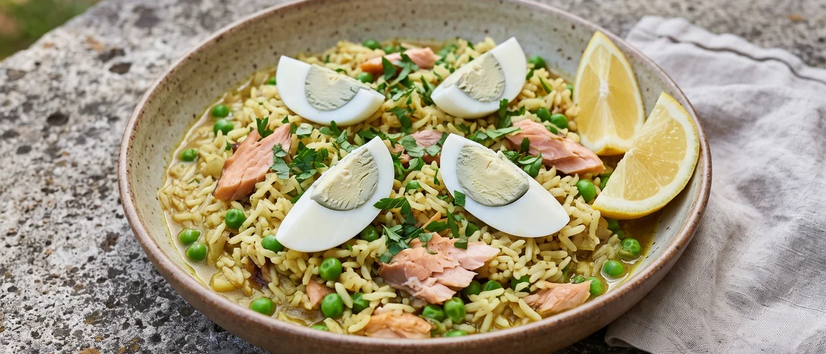 Hot-Smoked Trout Kedgeree-Style Rice - A gently curried rice with flaked hot-smoked trout, peas and boiled eggs