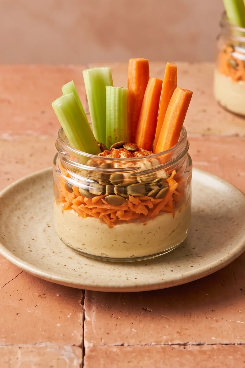 Hummus & Carrot Snack Jars - Layered jars of hummus, grated carrot and seeds with veg sticks standing in like flowers