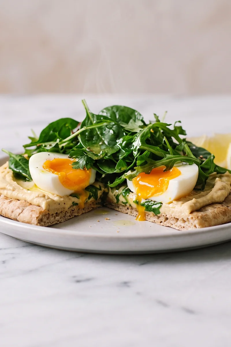 Hummus, Egg & Greens Flatbread - Warm flatbread swiped with hummus, topped with jammy eggs and dressed greens
