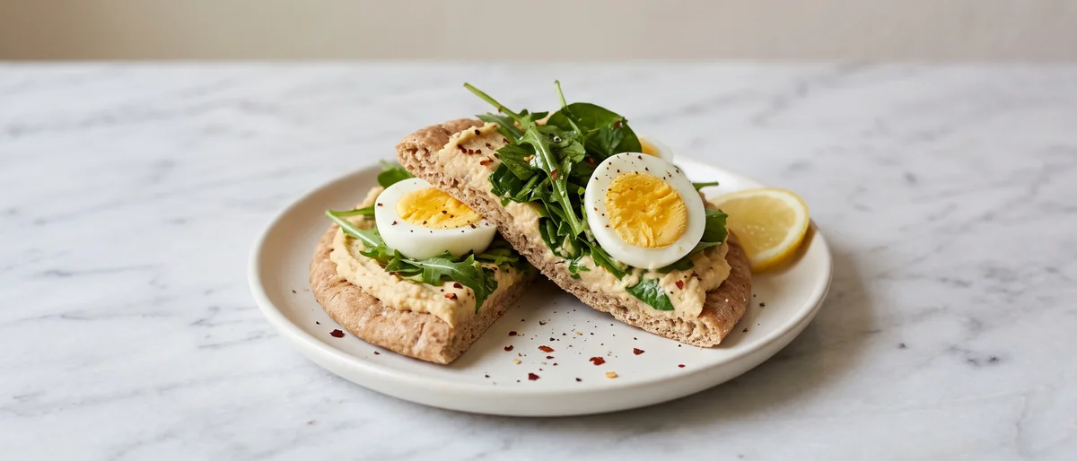 Hummus, Egg & Greens Flatbread - Warm flatbread swiped with hummus, topped with firm boiled eggs and dressed greens