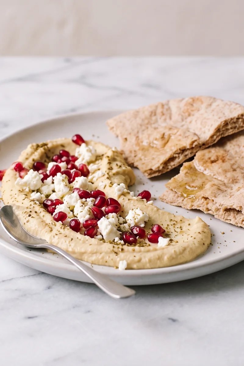 Hummus, Feta & Pomegranate Snack Plate - A swooshed plate of hummus under feta, pomegranate and warm pita