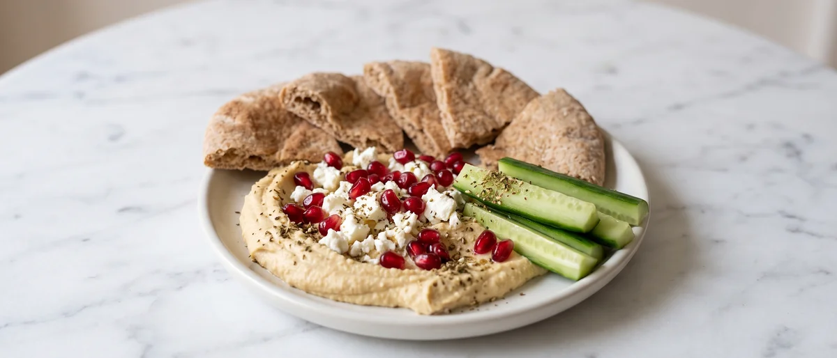 Hummus, Feta & Pomegranate Snack Plate - A swooshed plate of hummus under feta, pomegranate and warm pita