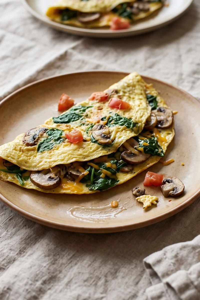 Iron-Rich Spinach & Mushroom Omelet - A well-done omelet loaded with spinach and mushrooms
