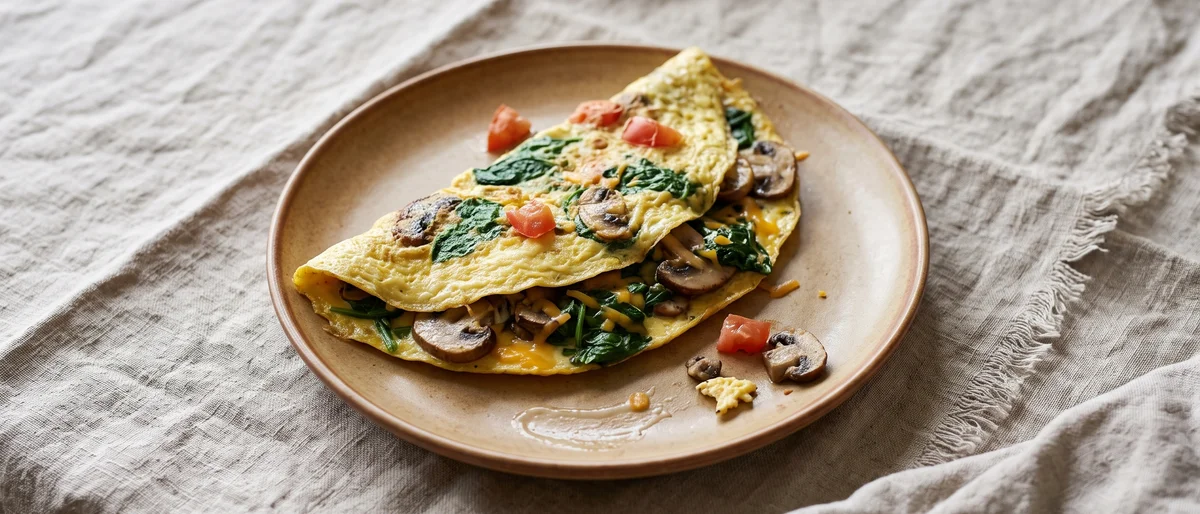 Iron-Rich Spinach & Mushroom Omelet - A well-done omelet loaded with spinach and mushrooms