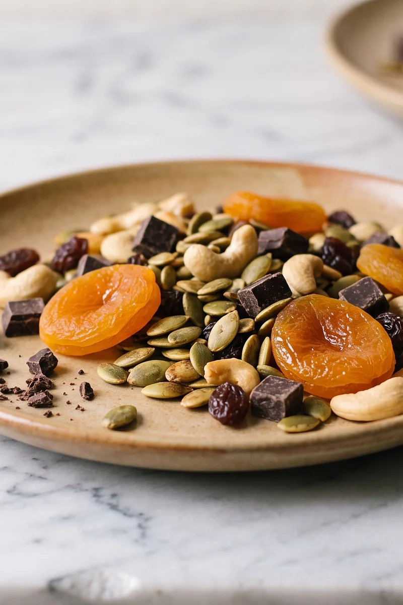 Iron-Rich Trail Mix with Dried Apricots & Pumpkin Seeds - Dried apricots, pumpkin seeds, cashews and dark chocolate in deliberate proportions