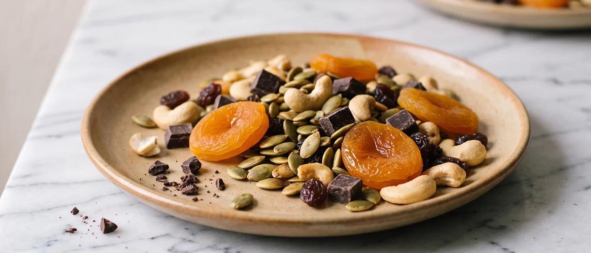 Iron-Rich Trail Mix with Dried Apricots & Pumpkin Seeds - Dried apricots, pumpkin seeds, cashews and dark chocolate in deliberate proportions
