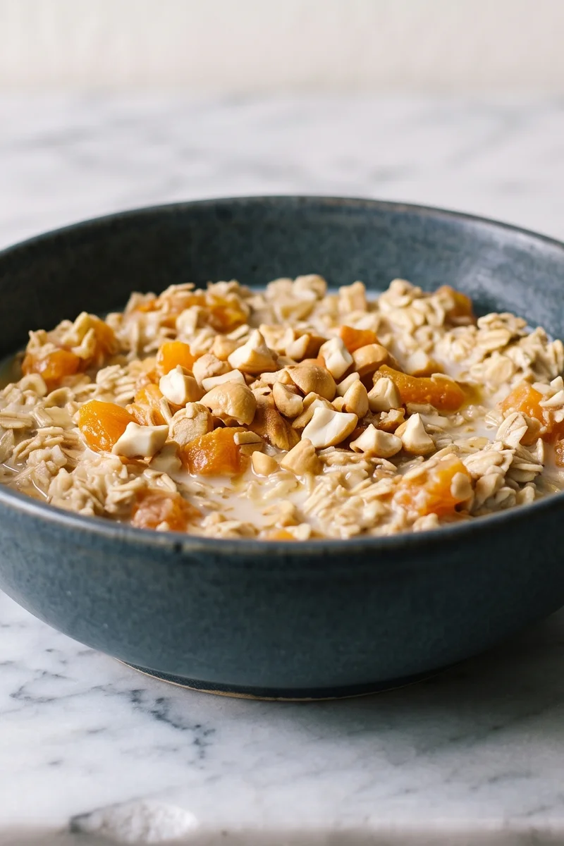 Iron-Rich Apricot & Cashew Bircher - Overnight bircher with dried apricots, cashews and orange juice