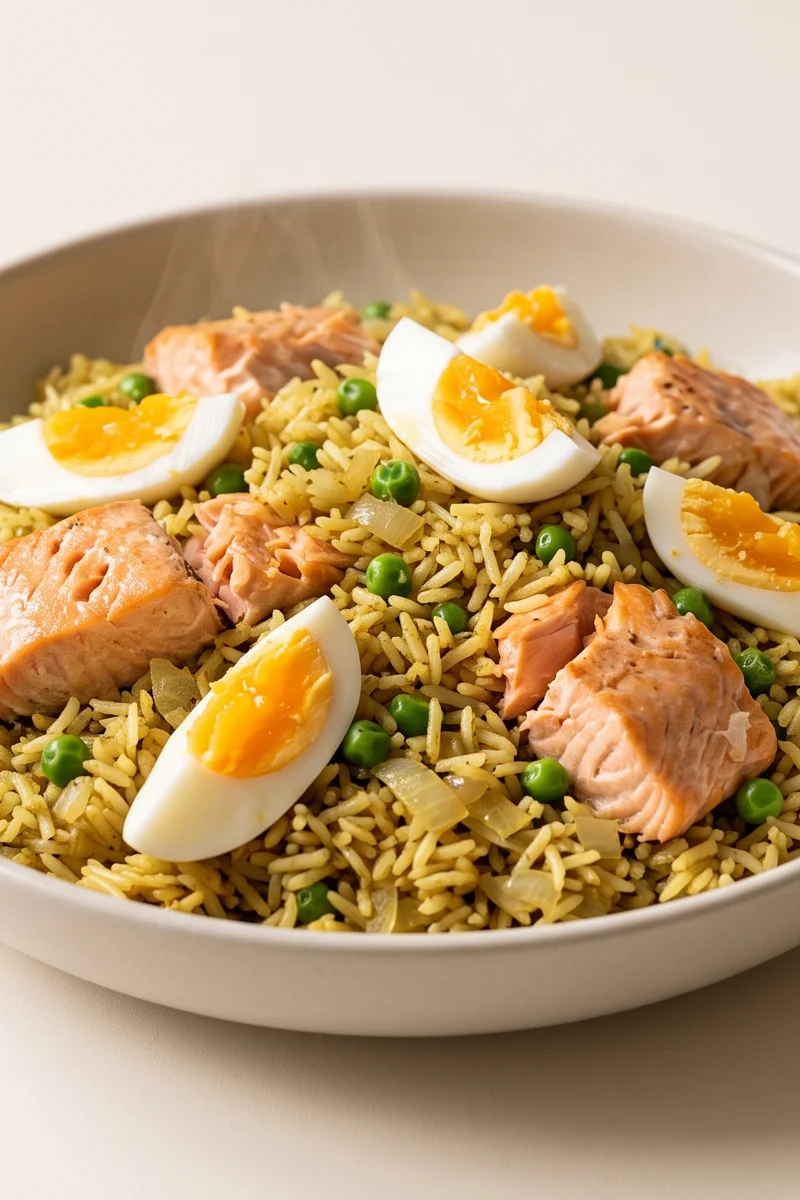 Kedgeree-Style Salmon & Egg Rice - Gently curried rice with roast salmon, peas and boiled eggs