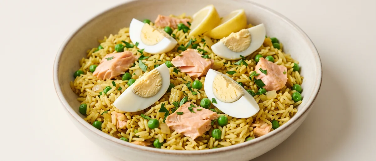 Kedgeree-Style Salmon & Egg Rice - Gently curried rice with roast salmon, peas and boiled eggs