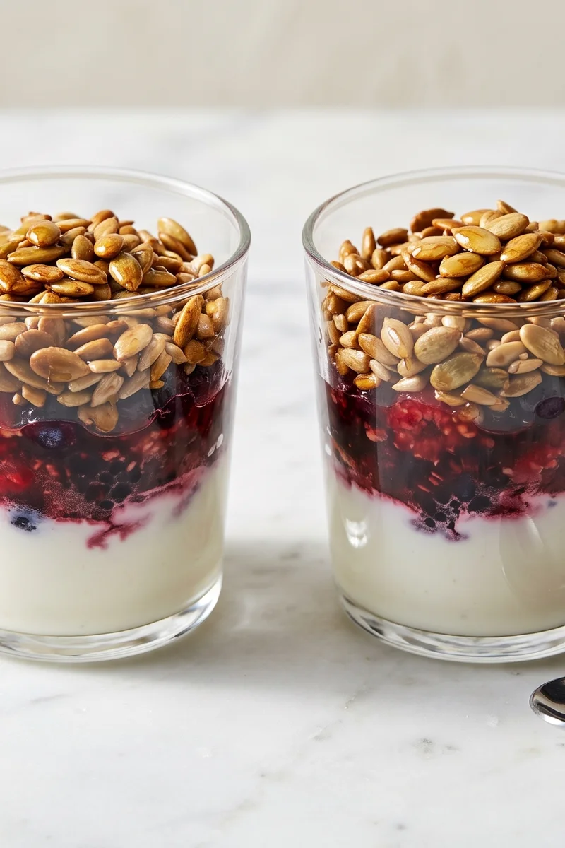 Kefir, Berry & Toasted Seed Glasses - Layers of tangy kefir, mashed berries and crunchy toasted seeds