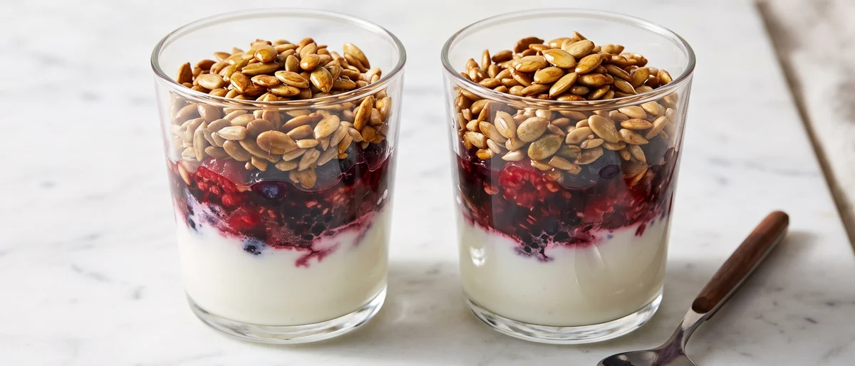 Kefir, Berry & Toasted Seed Glasses - Layers of tangy kefir, mashed berries and crunchy toasted seeds